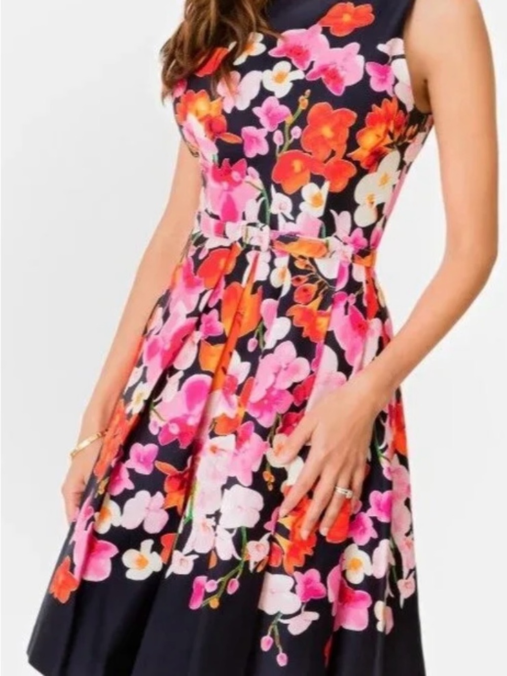 Eliza J Navy Floral Fit and Flare Cocktail Dress with Pink & Orange Blooms Sz 2 - Picture 7 of 7